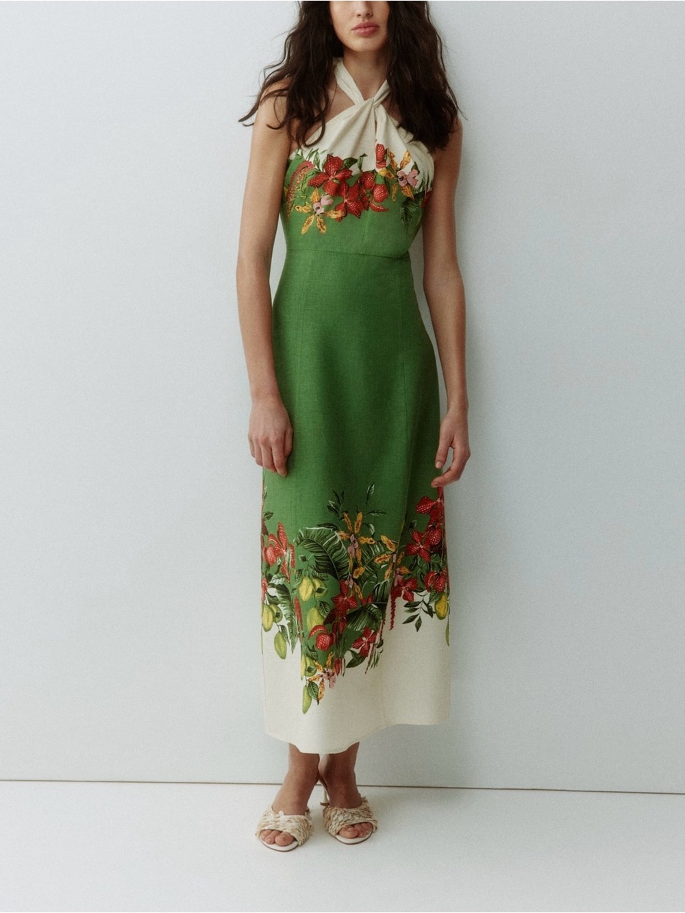 H&M Linen Blend Tropical Halter Midi Dress Green White Floral Vacation L